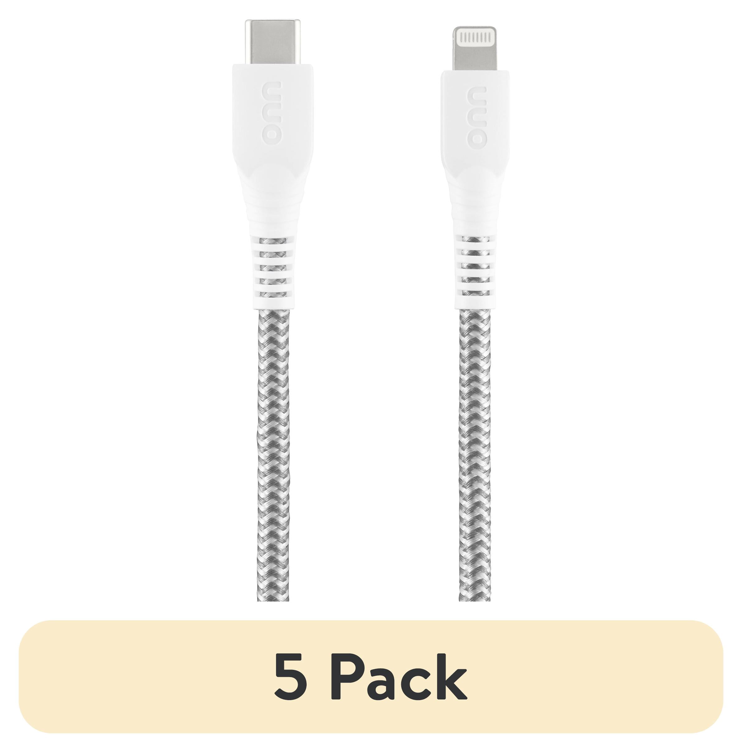 (5 pack) onn 6ft Lightning to USB-C Braided Charging Cable, MFI Certified, Fast Charging, White