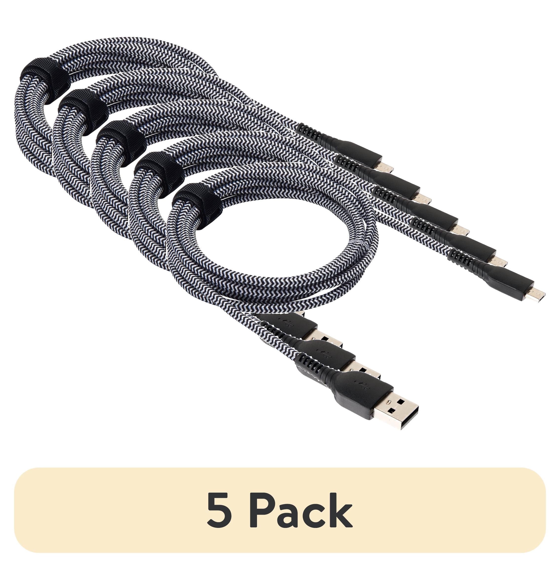 (5 pack) onn 6ft Micro-USB to USB Braided Charging Cable,Black
