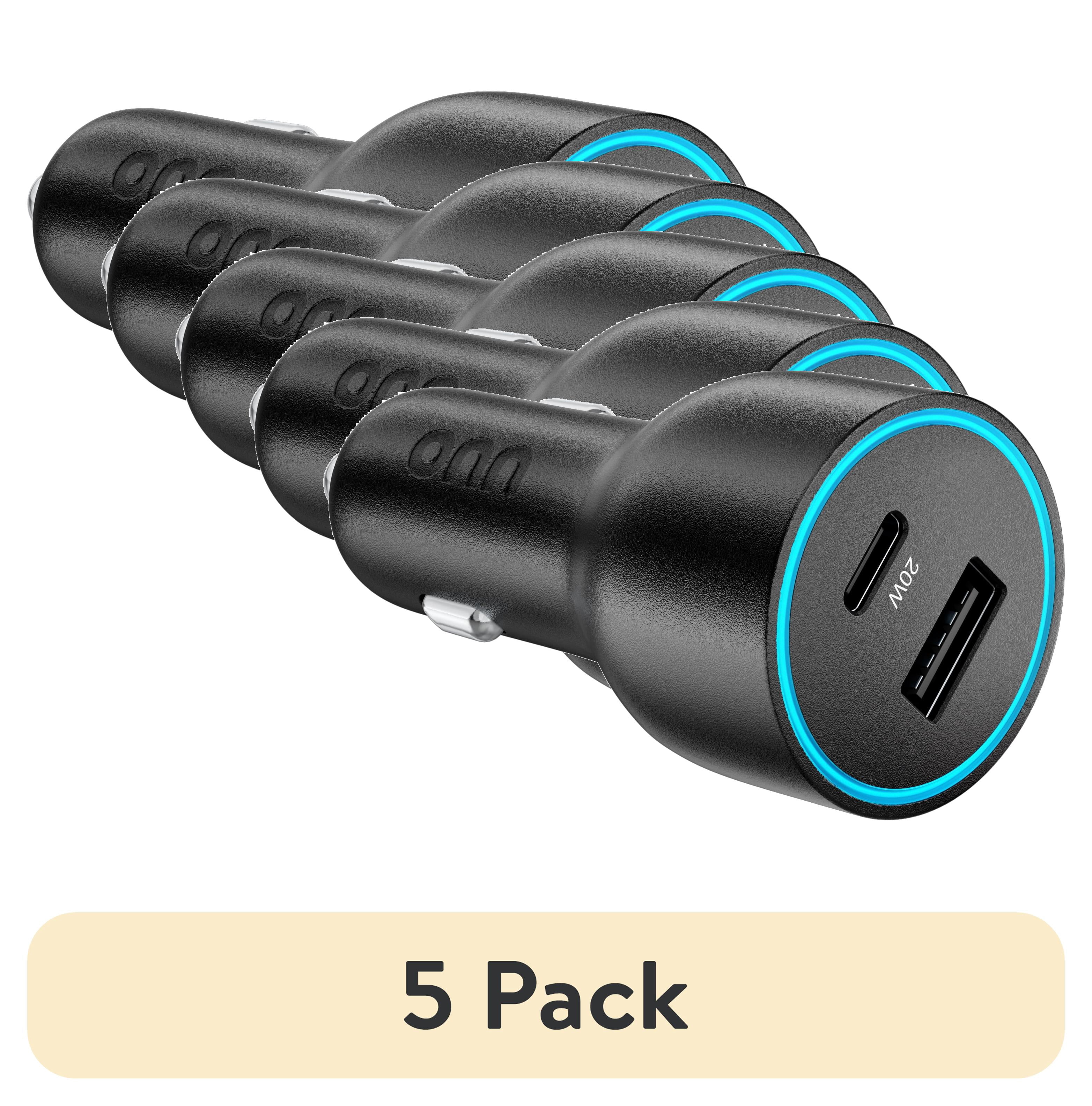 (5 pack) onn Dual USB-C and USB-A Port 32W Car Charger with 3ft Cable, Lightning-Fast Charging, Certified for Safety