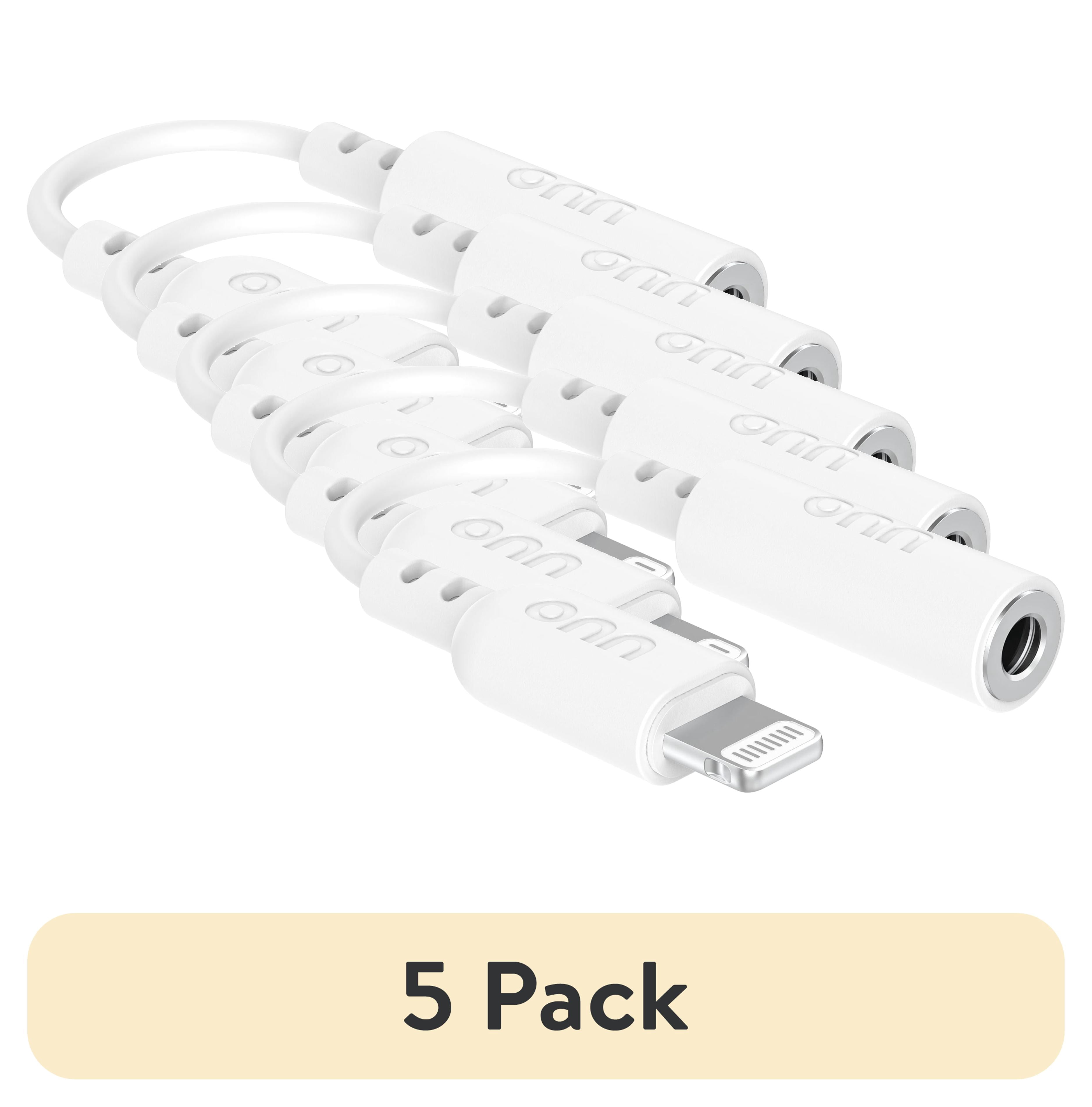 (5 pack) onn Lightning to 3.5 mm AUX Adapter, MFi Certified, White