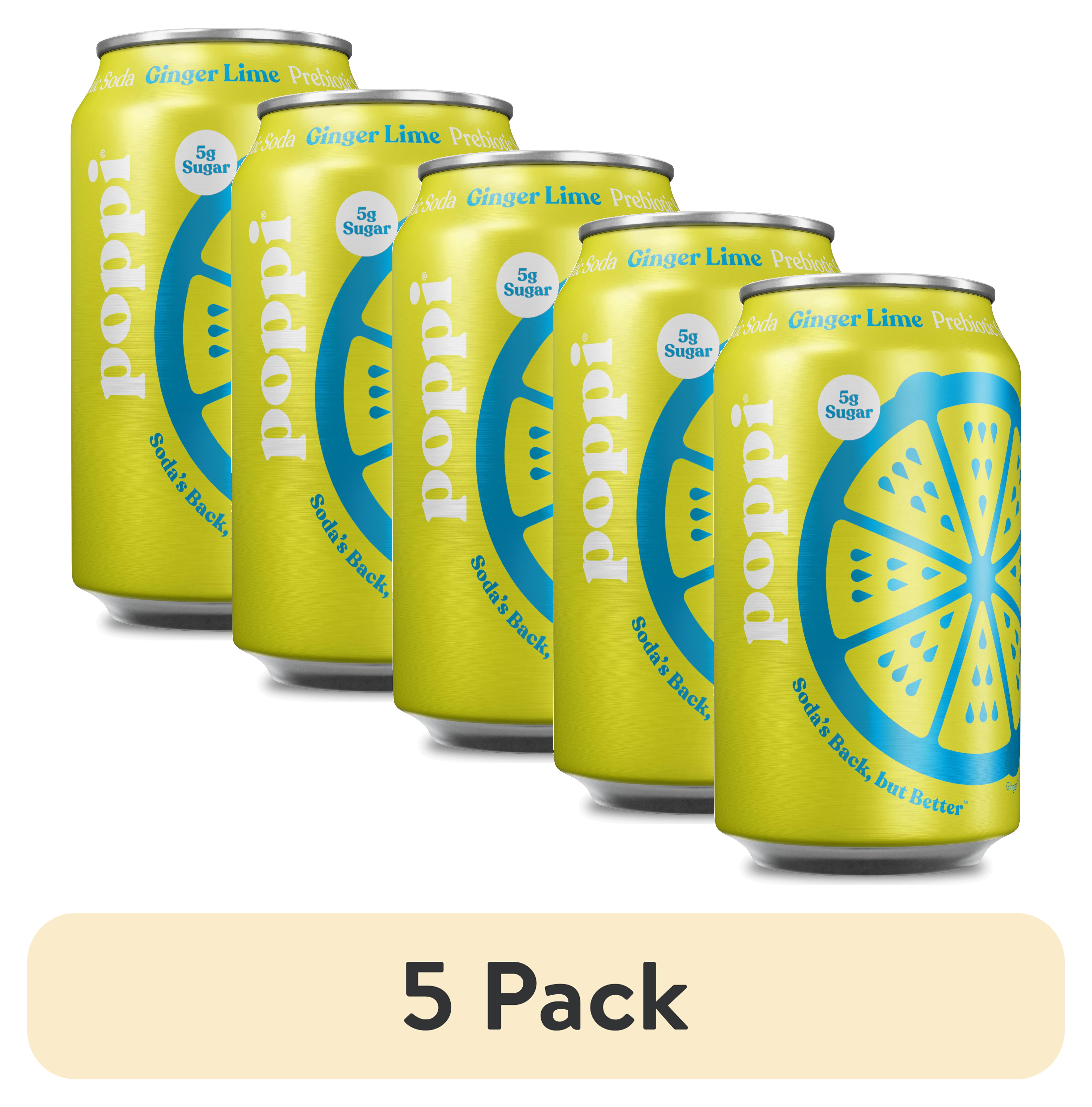 (5 pack) poppi Ginger Lime Prebiotic Soda, 12 oz, 1 Pack Can