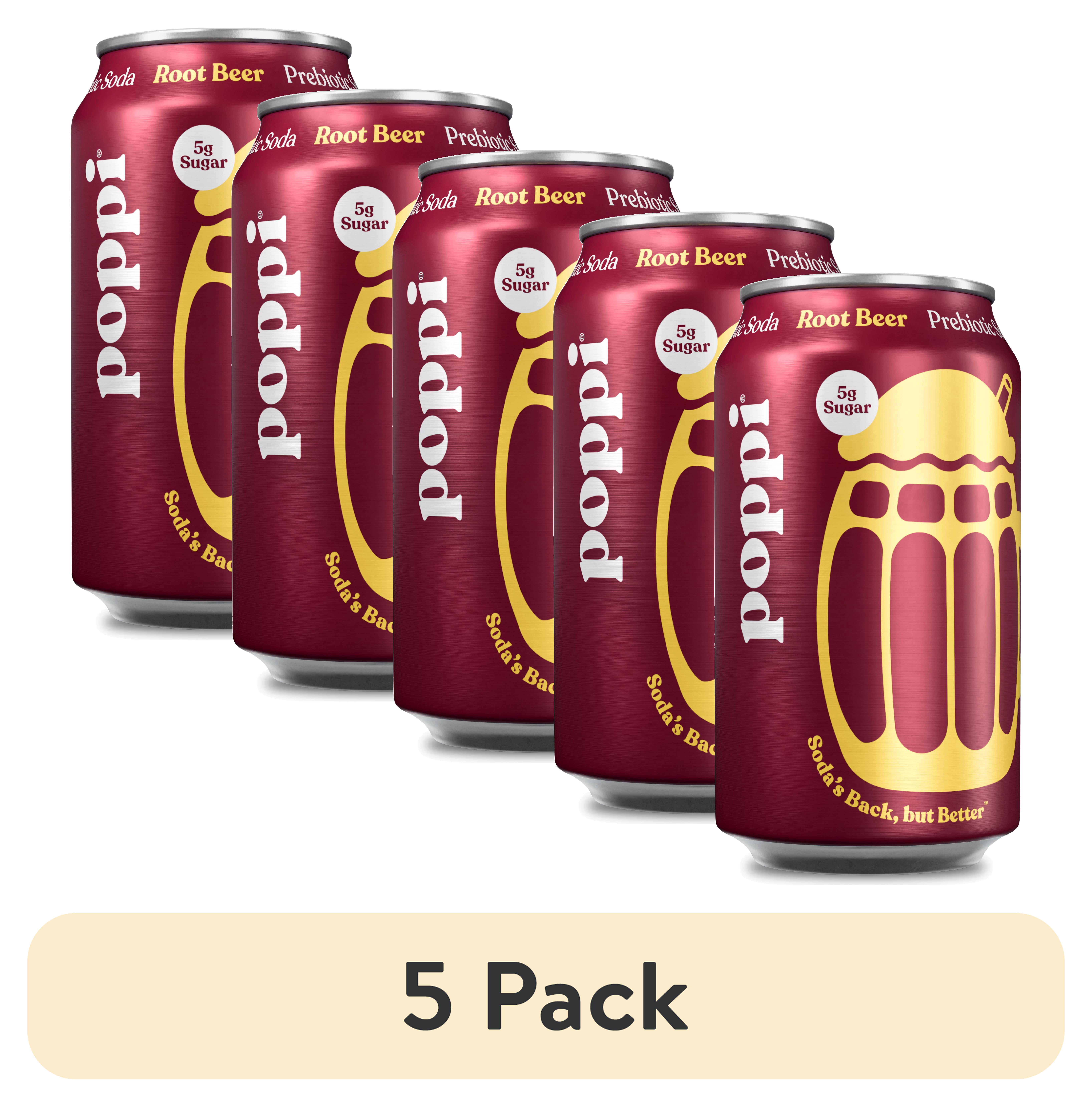 (5 pack) poppi Root Beer Prebiotic Soda, 12 fl oz Can, 1 Pack Can