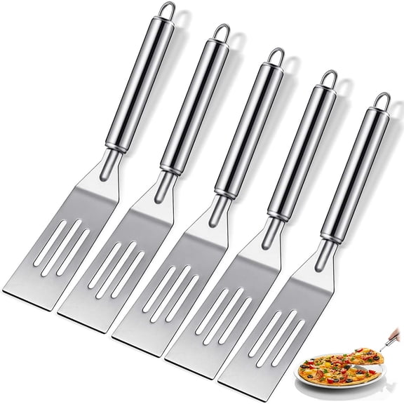 5 packs of mini spatula, small stainless steel serving spatula for brownies, biscuits, eggs and pancakes, solid blade, offset handle, dishwasher safe kitchen Turner (slotted, stainless steel handle)