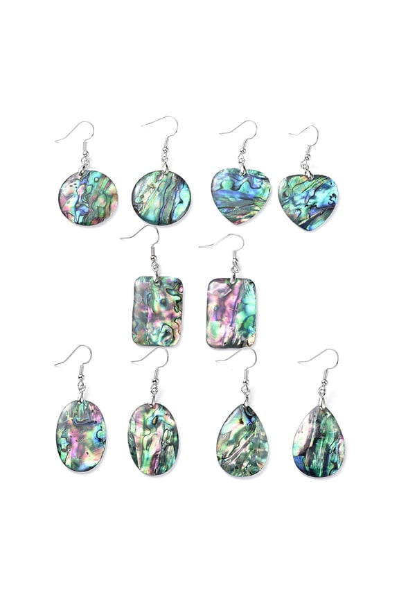 5 pair Abalone Shell/Paua Shell Dangle Earrings with Brass Ice Pick Pinch Bails and Earring Hooks Mixed Shape Platinum 47~56mm Pin: 0.7mm