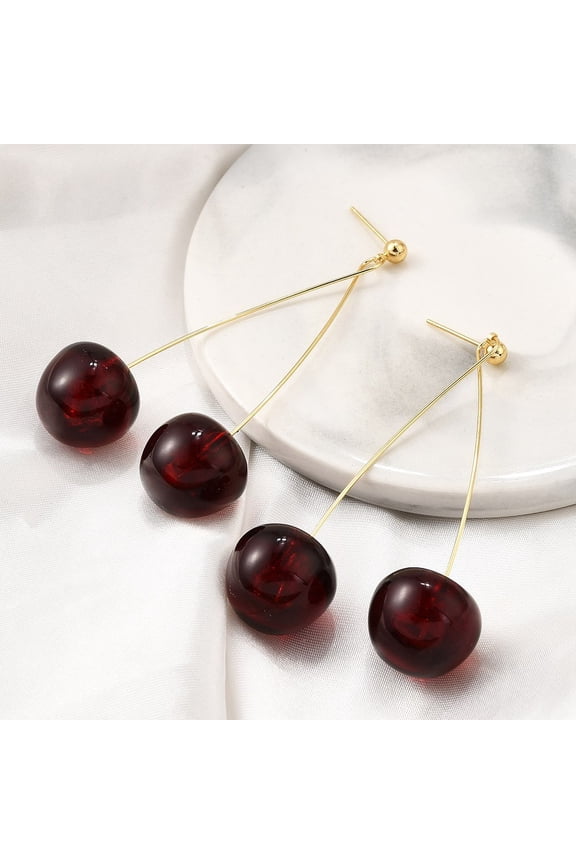 5 pair Brass Acrylic Stud Dangle Earrings for Women Cherry Real 18K golden Plated 67x40mm