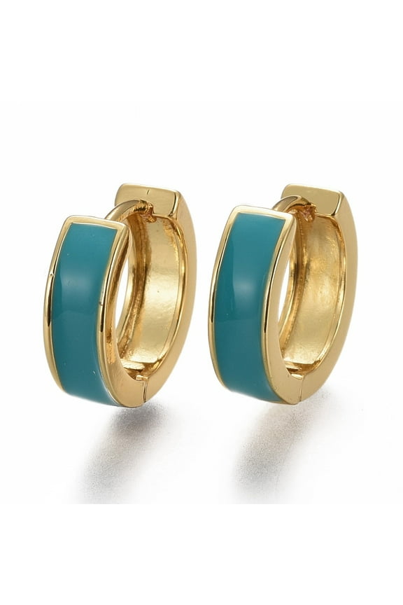 5 pair Brass Huggie Hoop Earrings with Enamel Long-Lasting Plated Real 18K golden Plated Ring Teal 13x4mm Pin: 1mm