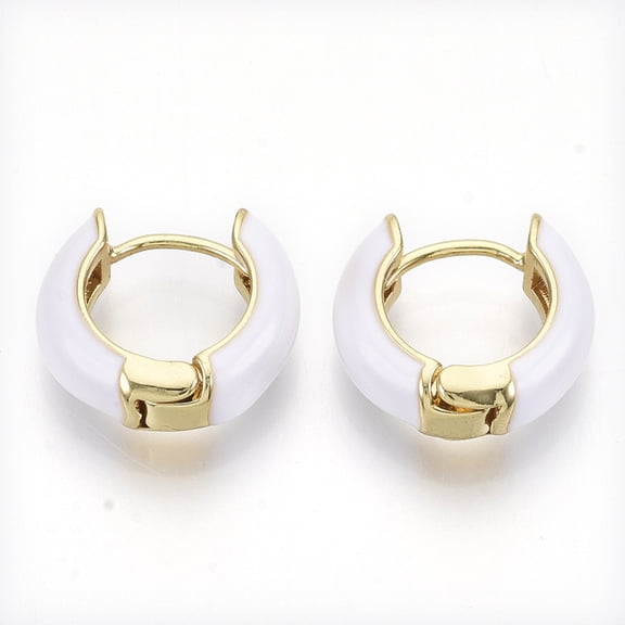 5 pair Brass Huggie Hoop Earrings with Enamel Real 18K golden Plated White 14x15x5mm Pin: 1x1mm