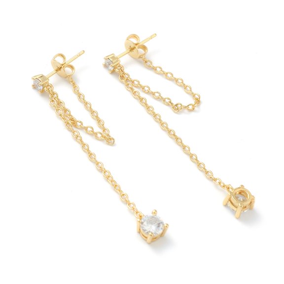 5 pair Brass Micro Pave Clear Cubic Zirconia Cable Chain Tassel Earrings Long-Lasting Plated Real 18K golden Plated 48mm Pin: 0.7mm