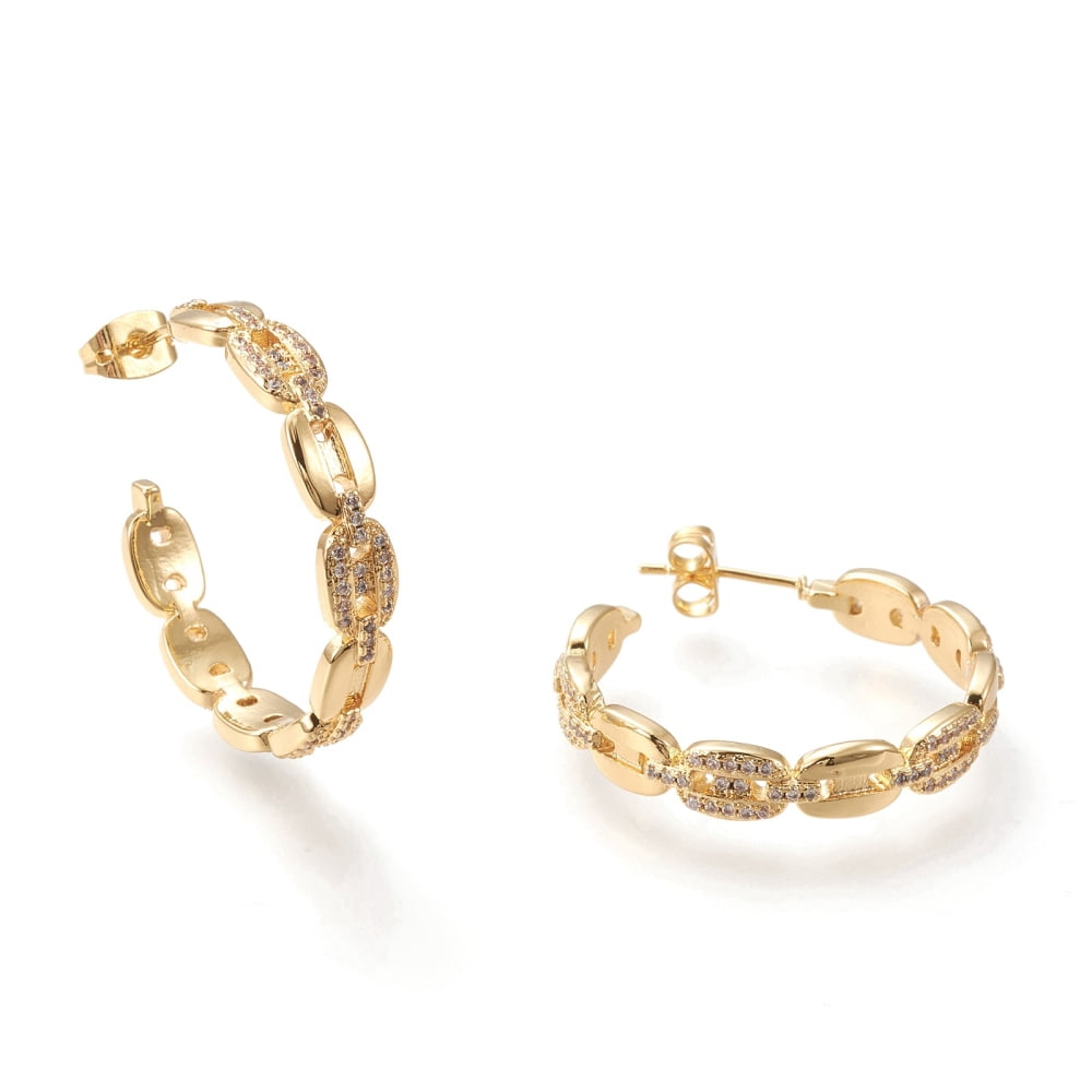 5 pair Brass Micro Pave Clear Cubic Zirconia Stud Earrings Half Hoop Earrings with Ear Nuts Long-Lasting Plated Coffee Bean Chain Shape Real 18K golden Plated 31x5mm Pin: 0.7mm