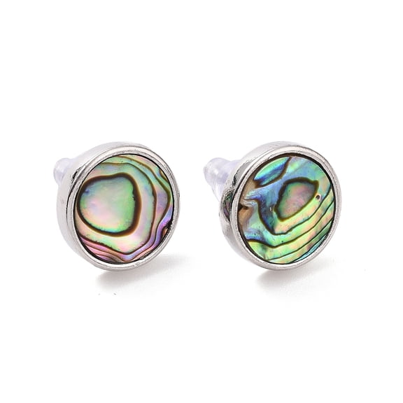 5 pair Brass Stud Earrings with Abalone Shell/Paua Shell and Ear Nuts Flat Round Platinum 11.5x2.5mm Pin: 0.8mm