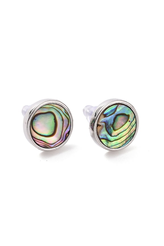 5 pair Brass Stud Earrings with Abalone Shell/Paua Shell and Ear Nuts Flat Round Platinum 11.5x2.5mm Pin: 0.8mm
