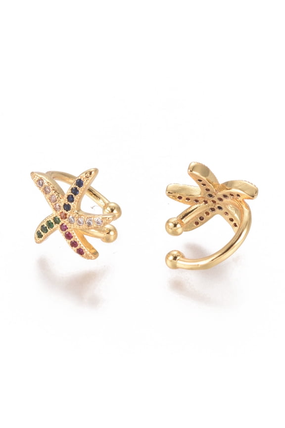 5 pair Golden Plated Brass Micro Pave Cubic Zirconia Cuff Earrings Long-Lasting Plated Starfish/Sea Stars Colorful 11.5x13x1.5mm