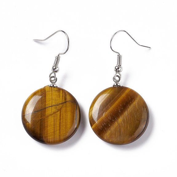 5 pair Natural Tiger Eye Flat Round Dangle Earrings Platinum Brass Jewelry for Women 42mm Pin: 0.7mm