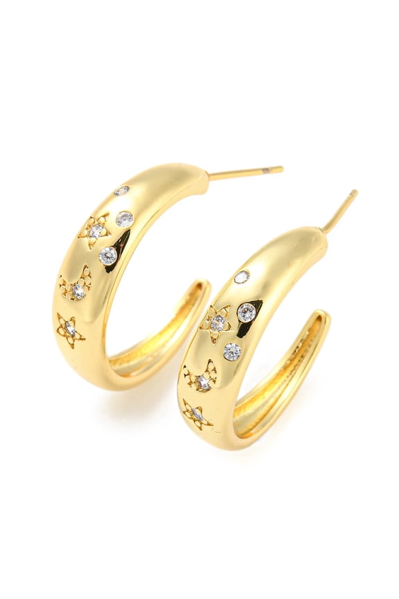 5 pair Rack Plating Brass C Shape Stud Earrings with Clear Cubic Zirconia Half Hoop Earrings for Women Cadmium Free Lead Free Long-Lasting Plated Real 18K golden Plated 24x6.5mm