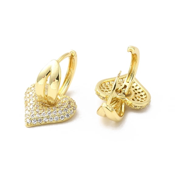 5 pair Valentine's Day Heart & Leaf Clear Cubic Zirconia Dangle Hoop Earrings Brass Jewelry for Women Real 18K golden Plated 24mm Pin: 0.8mm