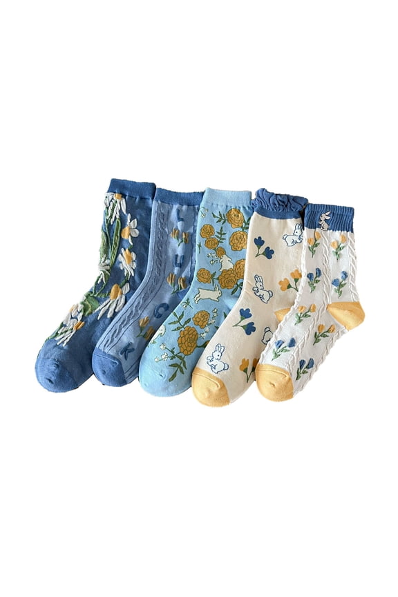 5 pairs Women's Cute Vintage Floral Patterned Cotton Crew Socks Teen Girls Pretty Ruffle Frilly Lace Socks
