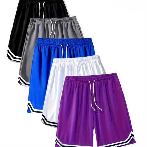 5 pairs of men's fashion sports shorts, polyester stretch fabric, solid color, loose body with straps, suitable for sports, fitness, running, training, basketball,