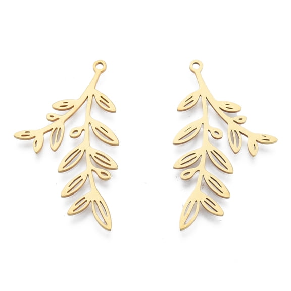5 pc 201 Stainless Steel Pendants Leafy Branch Charms Leaf Real 18K Gold Plated 37.5x21x1mm Hole: 1.5mm