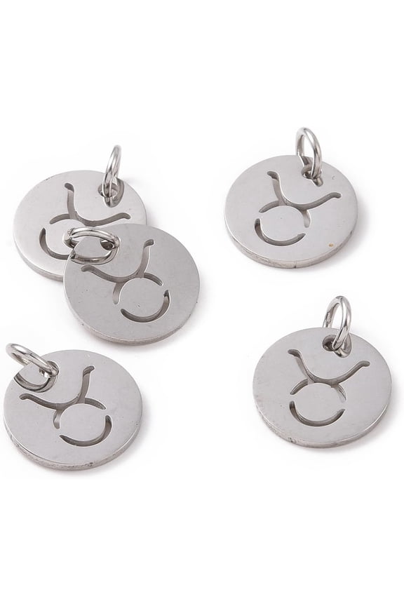 5 pc 304 Stainless Steel Charms Flat Round with Constellation/Zodiac Sign Taurus 12x1mm Hole: 3mm for Handmade