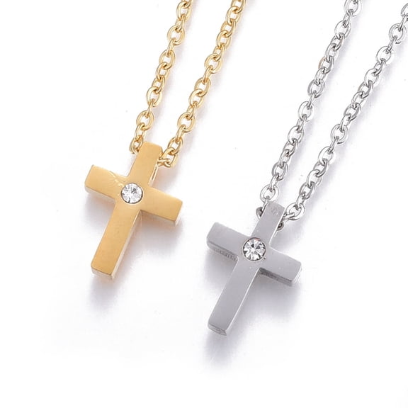 5 pc 304 Stainless Steel Pendant Necklaces with Rhinestone and Cable Chains Cross Mixed color 17.7 inch(45cm) Pendant: 13x9x4mm Rhinestone