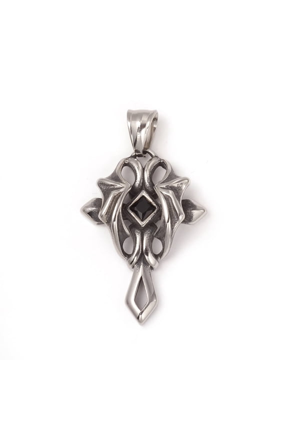 5 pc 304 Stainless Steel Pendants with Jet Rhinestone Cross with Demon Wing Antique Silver 38x27x8.5mm Hole: 8x5mm