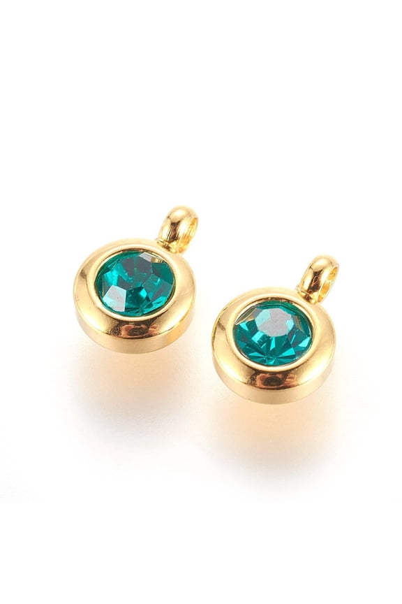 5 pc 304 Stainless Steel Rhinestone Charms May Birthstone Charms Flat Round Emerald 9.3x6.5x4mm Hole: 2mm