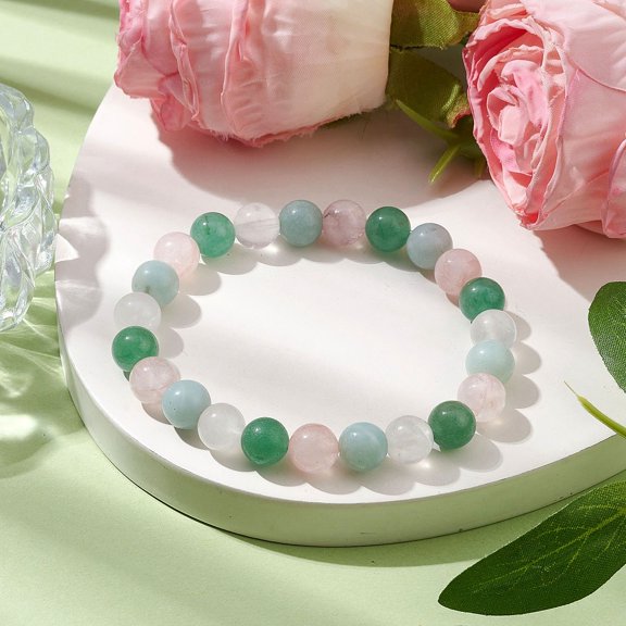 5 pc 8mm Round Natural Rose Quartz & Amazonite & Green Aventurine & Quartz Beaded Stretch Bracelets for Women Inner Diameter: 2-1/8~2-3/8 inch(5.5~6cm)