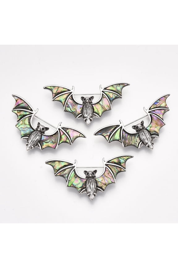 5 pc Abalone Shell/Paua Shell Brooches/Pendants with Alloy Findings and Resin Bottom Rhinestone Bat Silver Colorful 33x65.5x12mm Hole: 5x3.5mm Pin: 0.7mm