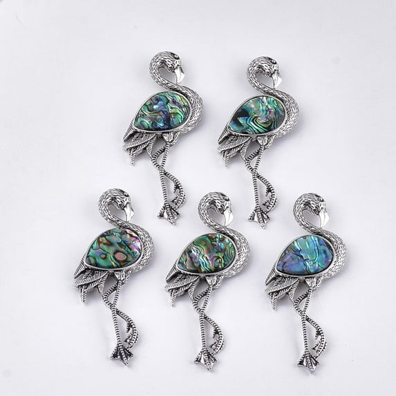 5 pc Abalone Shell/Paua Shell Brooches/Pendants with Resin Bottom and Alloy Findings Flamingo Shape Silver Colorful 83.5x38x8~10mm hole: 4x3mm Pin: 0.7mm