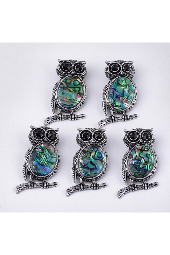 5 pc Abalone Shell/Paua Shell Brooches/Pendants with Rhinestone and Alloy Findings Resin Bottom Owl Silver 51x28~29x13.5mm Hole: 4.5x8.5mm Pin: 0.5mm