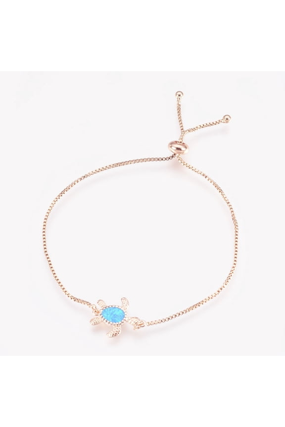 5 pc Adjustable Brass Bolo Bracelets Slider Bracelets box chains with Opal Turtle Rose golden Cyan 9-1/2 inch(24cm)x1mm