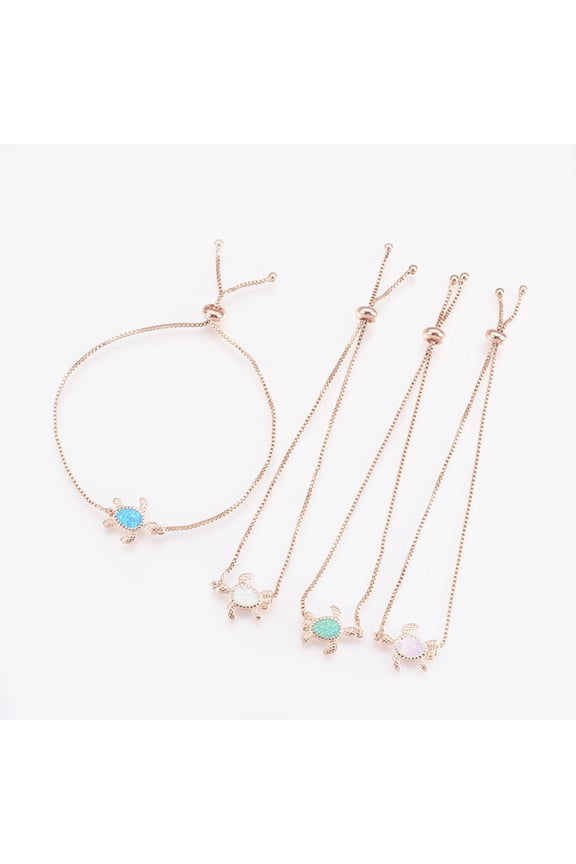 5 pc Adjustable Brass Bolo Bracelets Slider Bracelets box chains with Opal Turtle Rose golden Mixed color 9-1/2 inch(24cm)x1mm