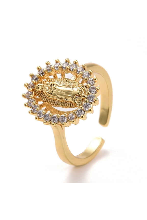 5 pc Adjustable Brass Micro Pave Clear Cubic Zirconia Cuff Rings Open Ring Lead Free Cadmium Free Oval with Virgin Mary Real 18K golden Plated 2.5mm Inner Diameter: 16.5mm Oval: 15.5x13.5mm