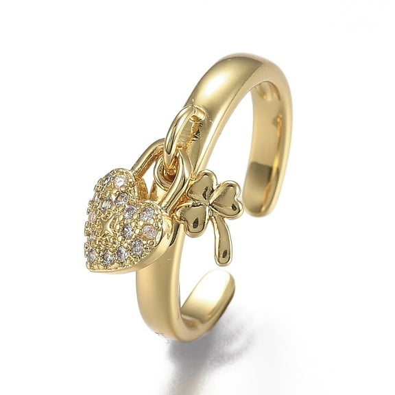 5 pc Adjustable Brass Micro Pave Clear Cubic Zirconia Cuff Rings Open Rings Long-Lasting Plated Clover Heart Lock Real 18K golden Plated 3mm Inner Diameter: 17.8mm