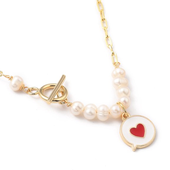 5 pc Alloy Enamel Pendant Necklaces with Natural Pearl Beads Brass Paperclip Chains and Toggle Clasps Flat Message box with Heart Golden 17.52 inch(44.5cm)