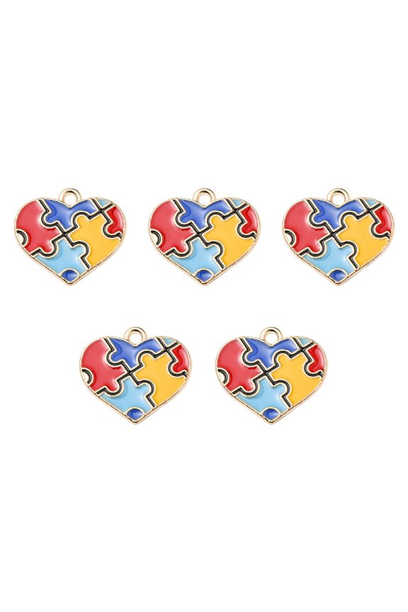 5 pc Alloy Enamel Pendants Heart with Puzzle Pattern Charm Colorful 19x20.5x1mm Hole: 2mm