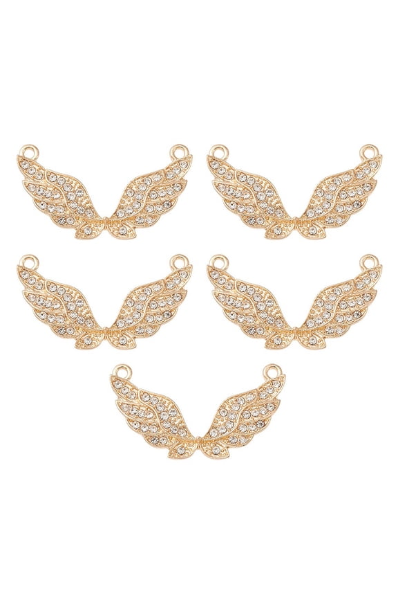 5 pc Alloy Pendants with Rhinestone Wing Charms Light golden 19x33mm