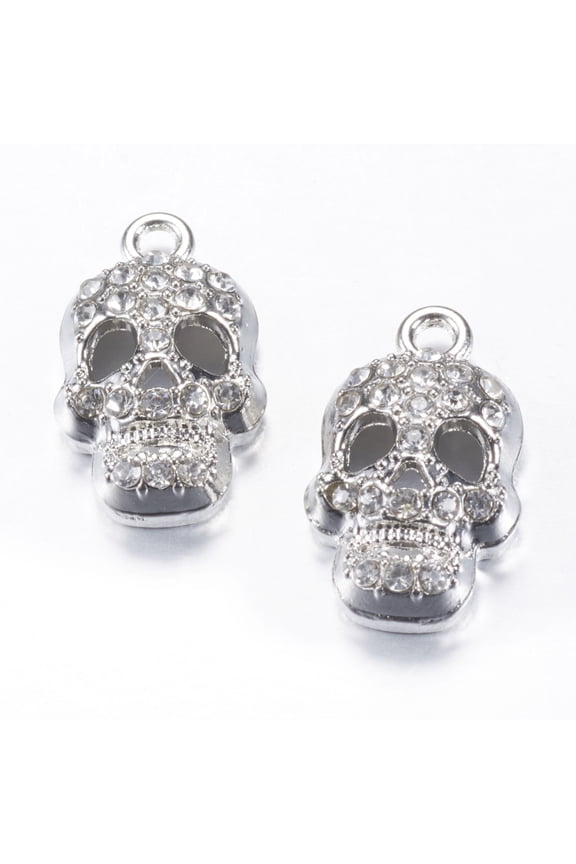 5 pc Alloy Rhinestone Pendants Skull Platinum 25x15x7mm Hole: 2.5mm