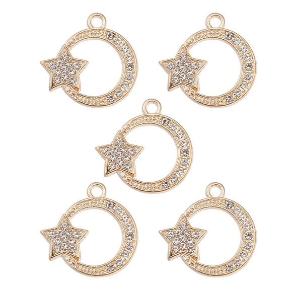 5 pc Alloy Rhinestones Pendants Ring with Star Charms Light Gold 20x20x1.5mm Hole: 1.8mm
