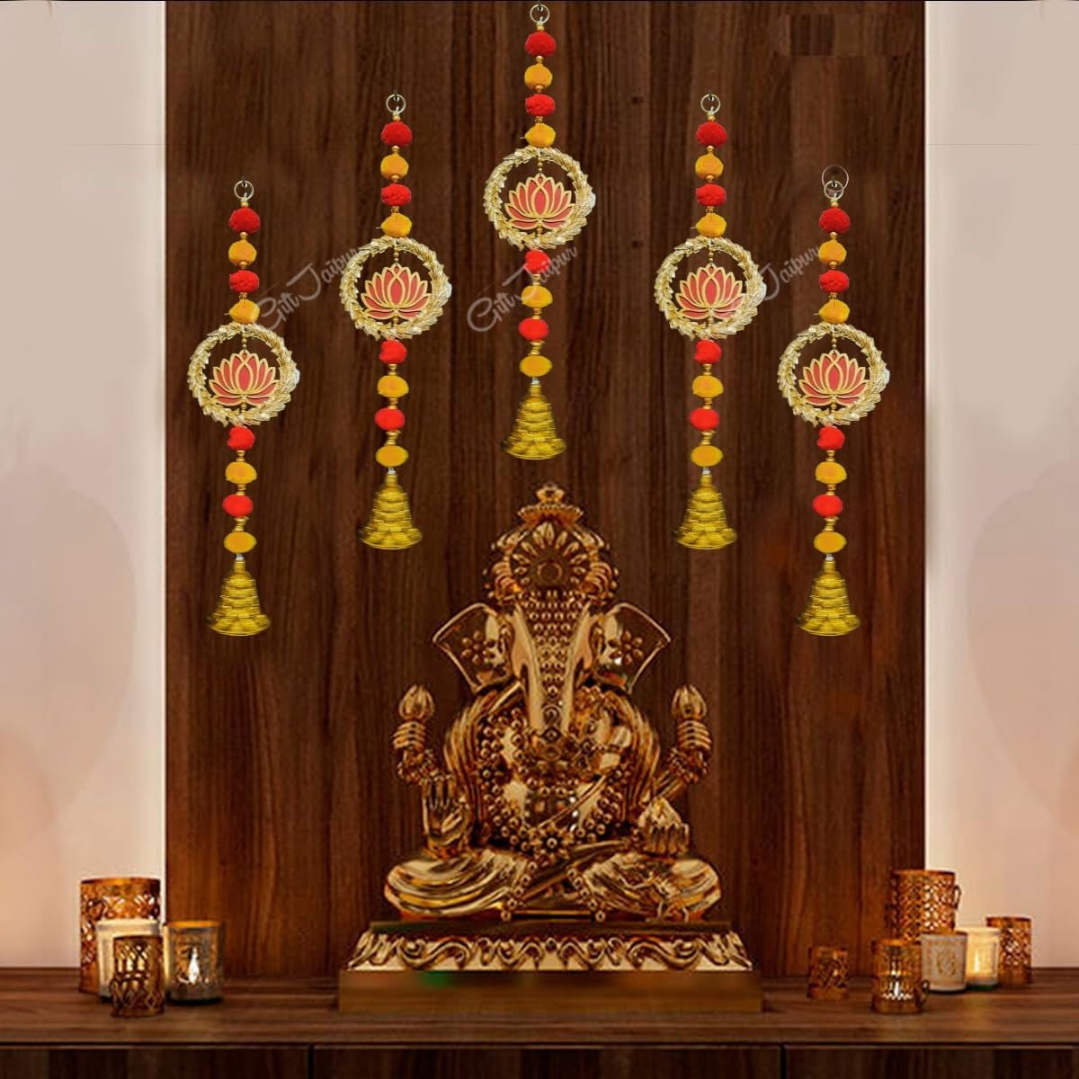 5 pc Bijiya Bell Latkan with Red Lotus Hanging (16 INCH) Floral Wall Hangings, Temple Diwali Decorative Items | Backdrop for Ganpati Pooja | Pooja Room Decoration Items, christmas decor