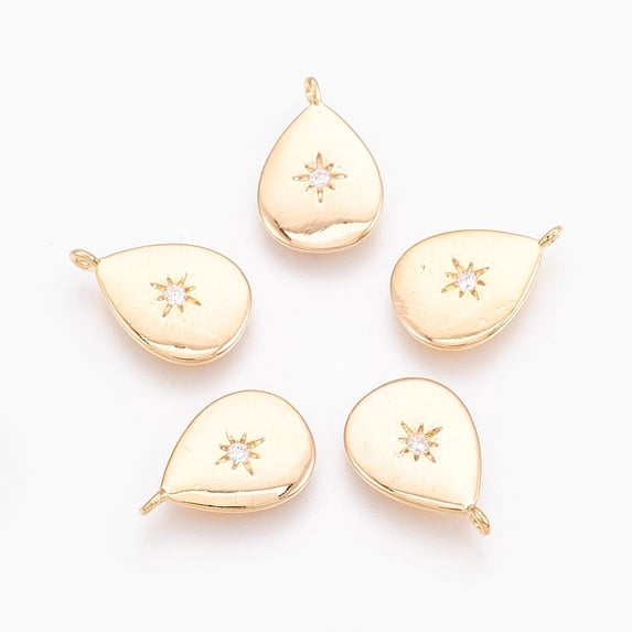 5 pc Brass Cubic Zirconia Charms for DIY Jewelry Making teardrop with Star Nickel Free Real 18K Gold Plated Clear 14x9.5x1.5mm Hole: 0.5mm