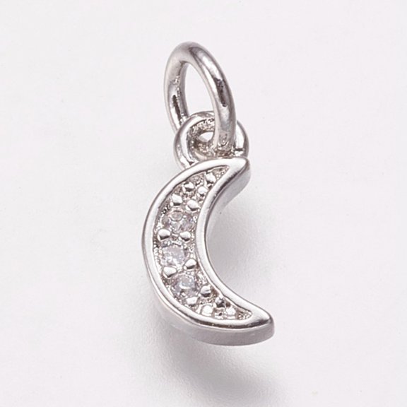 5 pc Brass Cubic Zirconia Pendants Moon Charms Platinum 9.5x5x2mm Hole: 3mm