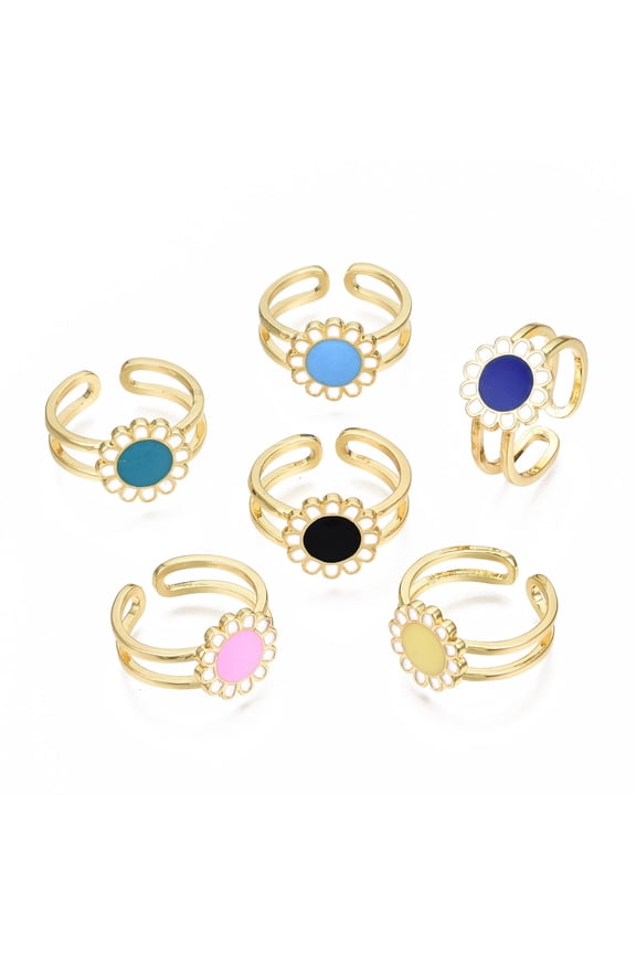 5 pc Brass Enamel Cuff Rings Open Rings Cadmium Free Nickel Free Lead Free Flower Real 16K golden Plated Mixed color US Size 6 3/4(17.1mm)