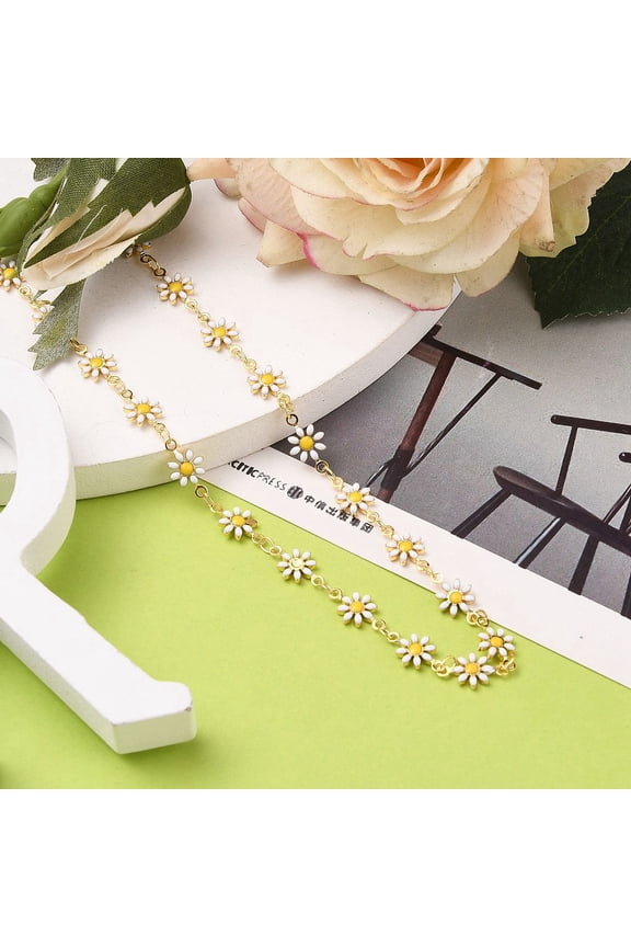5 pc Brass Enamel Daisy Link Chain Necklaces with 304 Stainless Steel Lobster Claw Clasps & Heart Charms Golden 15-1/2 inch(39.5cm)