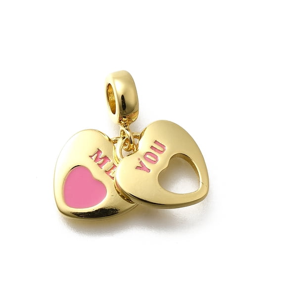 5 pc Brass Enamel Pendants Heart with Word Love Charms Lead Free & Cadmium Free Long-Lasting Plated Rack Plating Hot Pink 21mm Hole: 3.8mm