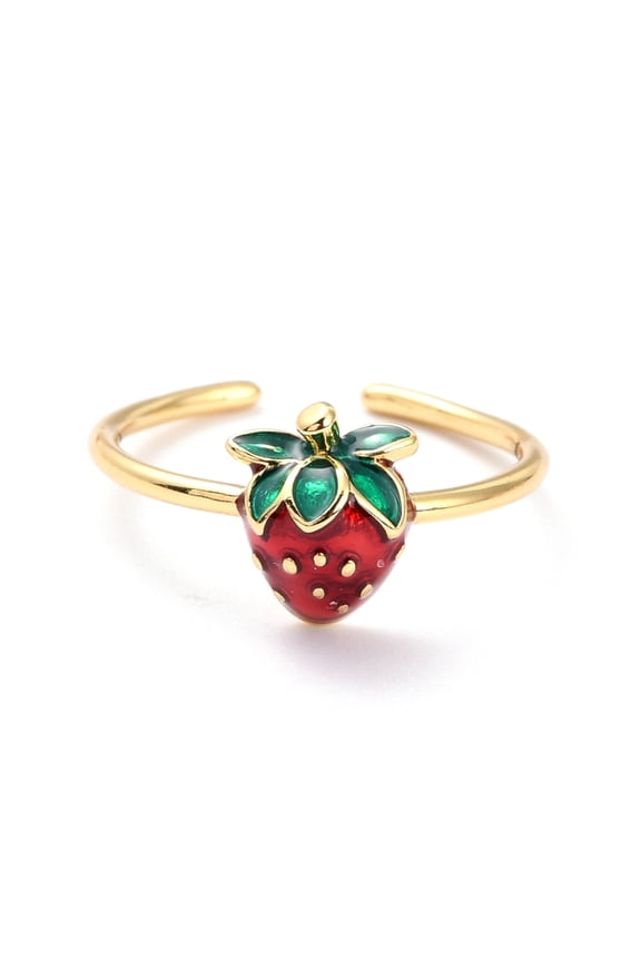 5 pc Brass Enamel Strawberry Cuff Rings Open Rings Golden Dark Red US Size 6 Inner Diameter: 17.2mm