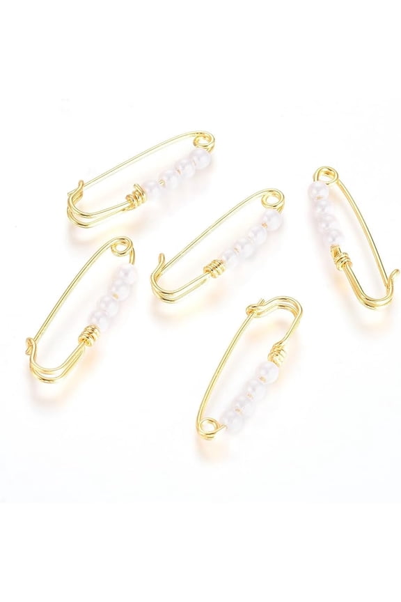 5 pc Brass Kilt Pin Brooch Findings Long-Lasting Plated with Shell Pearl Beads White Real 18K Gold Plated 23x7.5x2.5mm Hole: 1.4mm diy