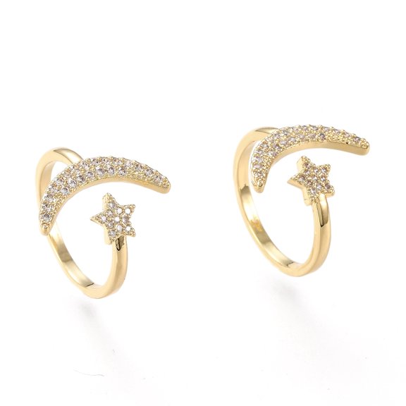 5 pc Brass Micro Pave Clear Cubic Zirconia Cuff Rings Open Rings Long-Lasting Plated Star with Moon Real 18K Gold Plated Size 7 Inner Diameter: 17mm