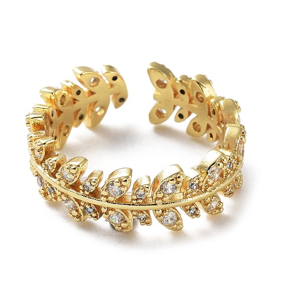 5 pc Brass Micro Pave Clear Cubic Zirconia Open Cuff Rings for Women Leafy Branch Golden Inner Diameter: 17mm