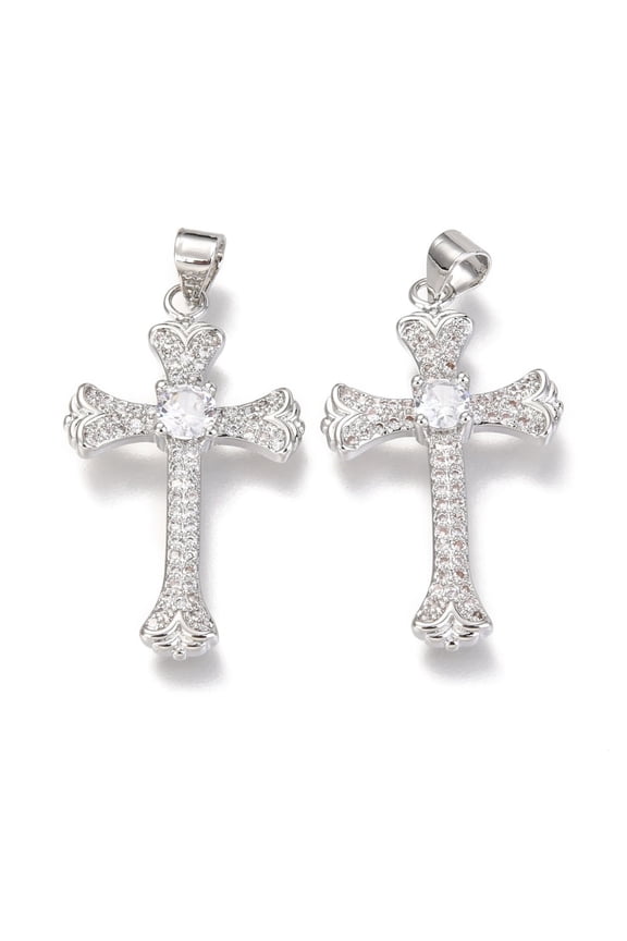 5 pc Brass Micro Pave Clear Cubic Zirconia Pendants Cross Real Platinum Plated 31x18x4mm Hole: 3x4mm